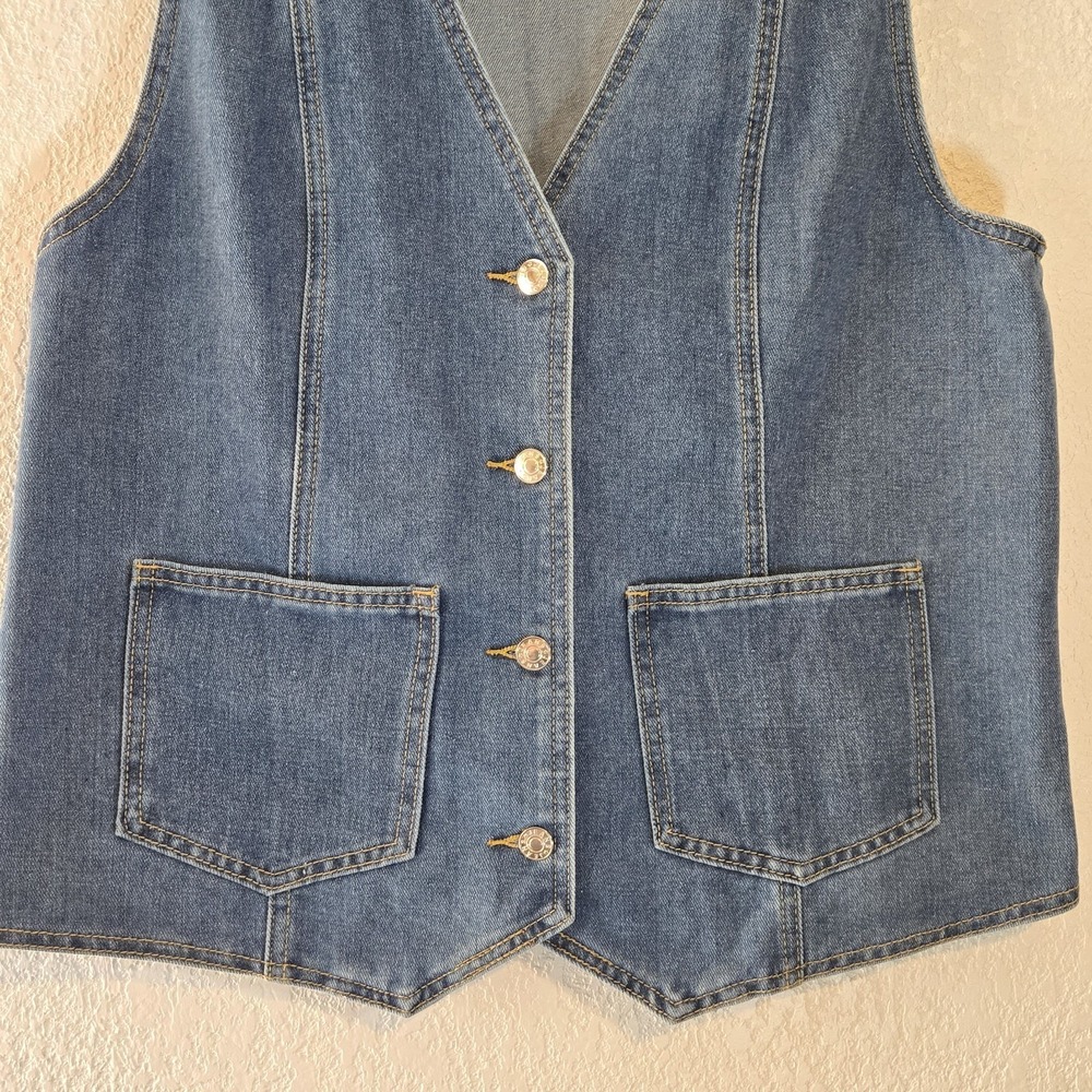 Jeans Denim Vest Womens Large Blue Button Front Utility Pocket Western 90s Y2K - Picture 2 of 11